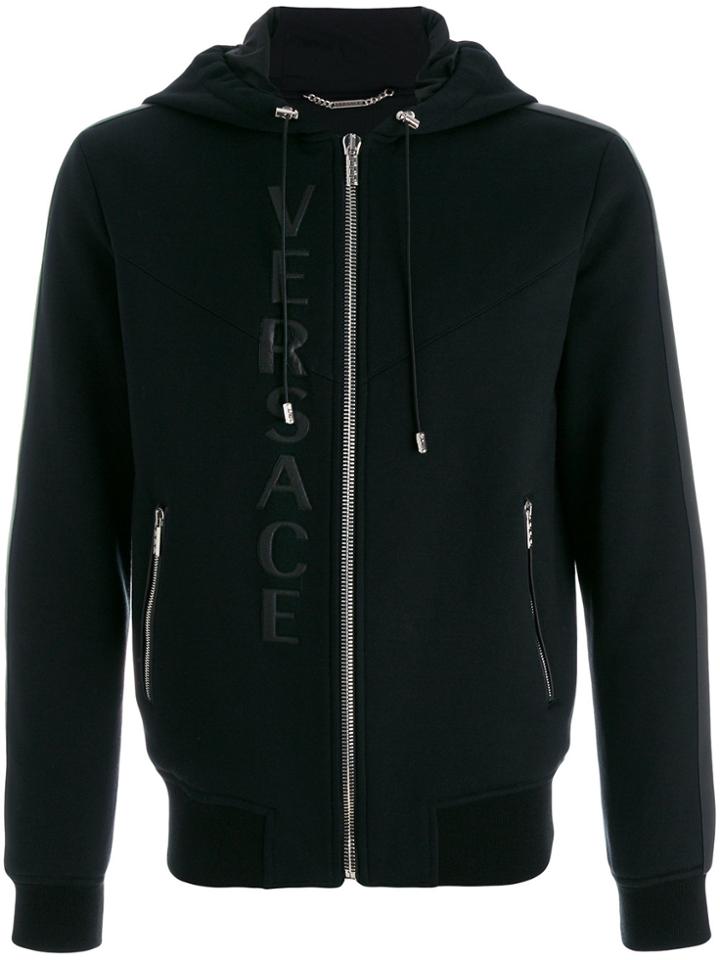 Versace Leather Logo Hooded Sweatshirt - Black