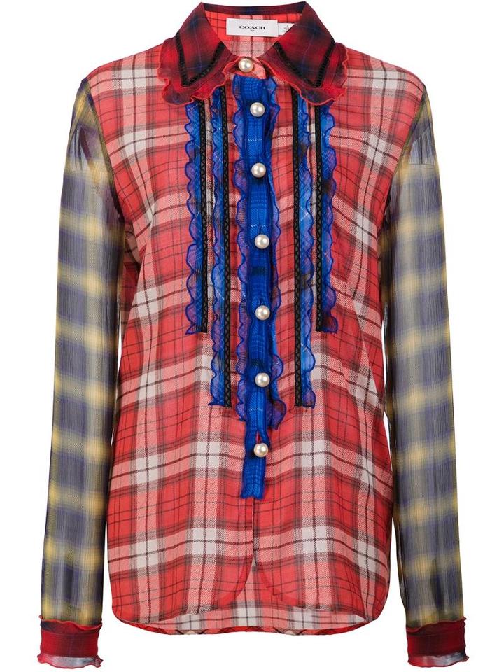 Coach Plaid Ruffled Shirt, Women's, Size: 2, Red, Wool/nylon