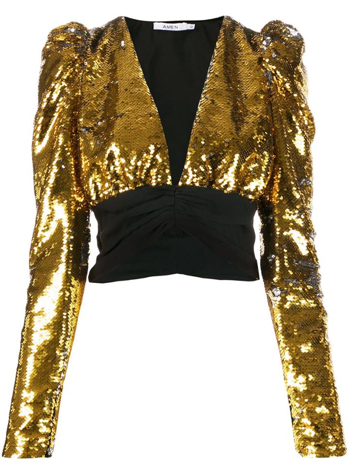 Amen Sequin Plunge Crop Top - Gold