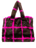Stand Faux Fur Checked Tote - Brown