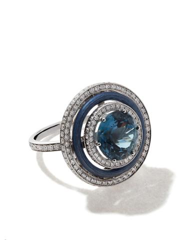 Victor Mayer 18kt White Gold Enamel, Diamond And Aquamarine Round Ring
