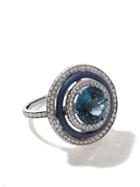 Victor Mayer 18kt White Gold Enamel, Diamond And Aquamarine Round Ring