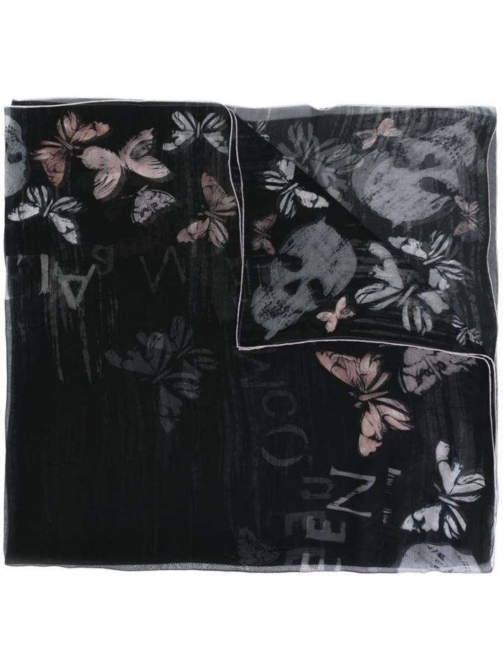 Alexander Mcqueen Skull And Butterfly Print Scarf, Men's, Black, Silk
