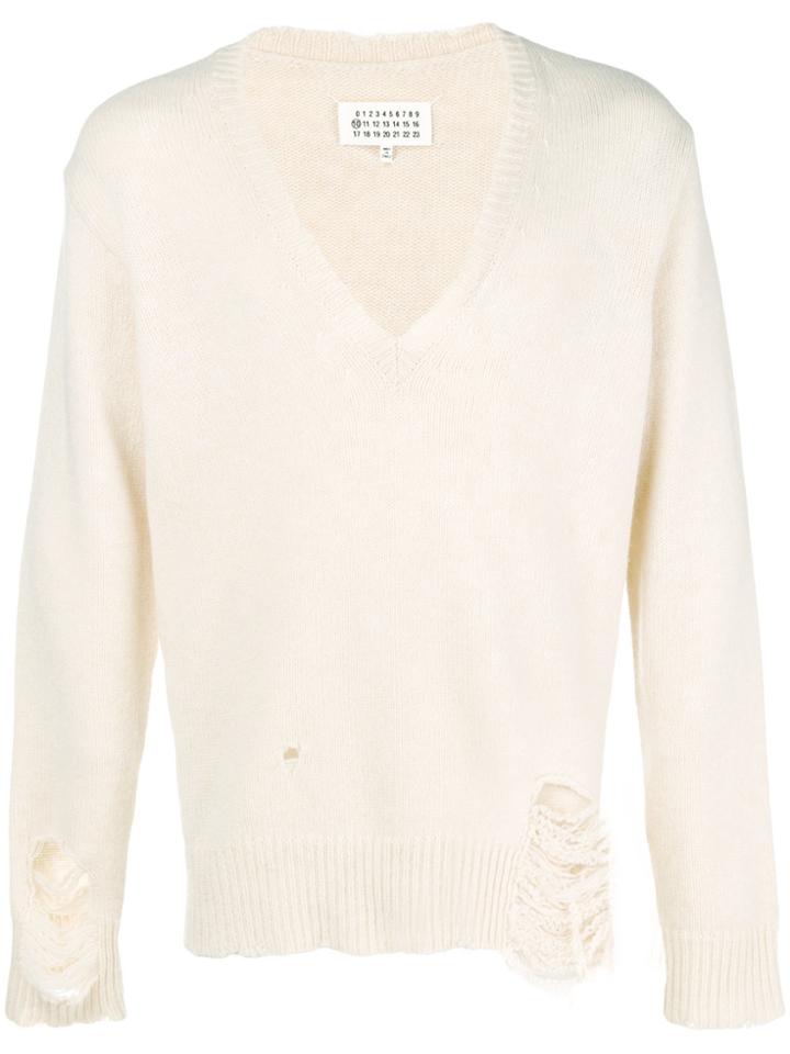 Maison Margiela V-neck Distressed Sweater - Nude & Neutrals