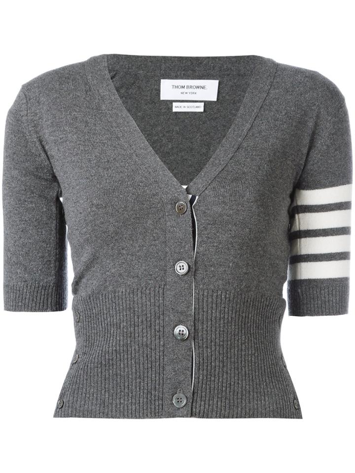 Thom Browne Short Sleeve V-neck Cardigan With 4-bar In Cashmere - Grey