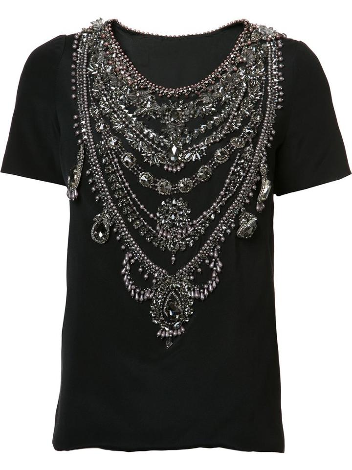 Marchesa Chain Embellished T-shirt, Women's, Size: 2, Black, Silk
