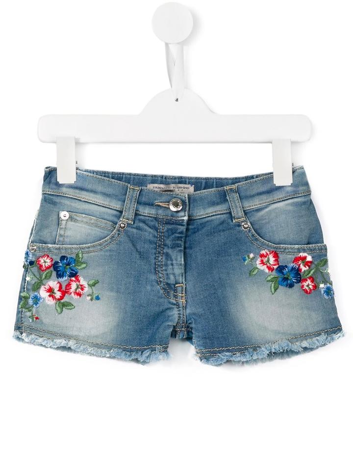 Ermanno Scervino Junior Floral Embroidery Denim Shorts, Girl's, Size: 12 Yrs, Blue