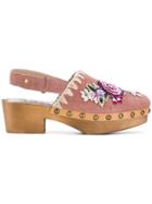 Mou Embroidered Clog Sandals - Pink & Purple