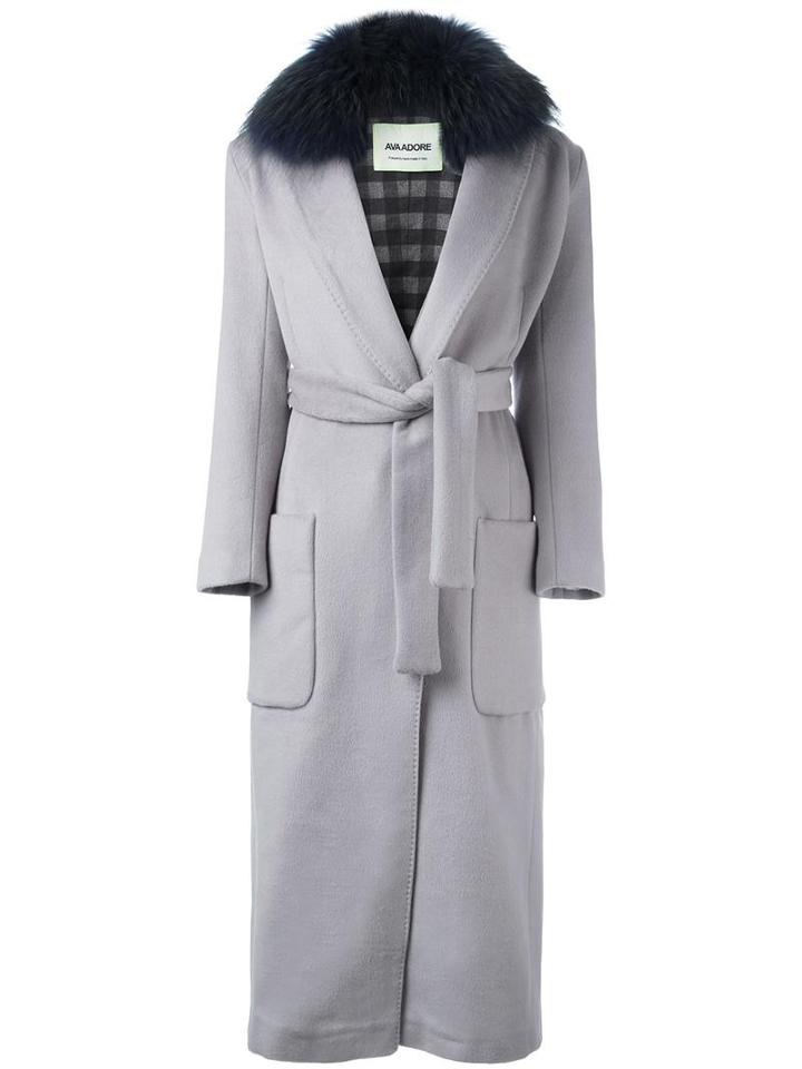 Ava Adore Patch Pocket Long Coat, Women's, Size: 38, Grey, Virgin Wool/cashmere/cotton/raccoon Dog