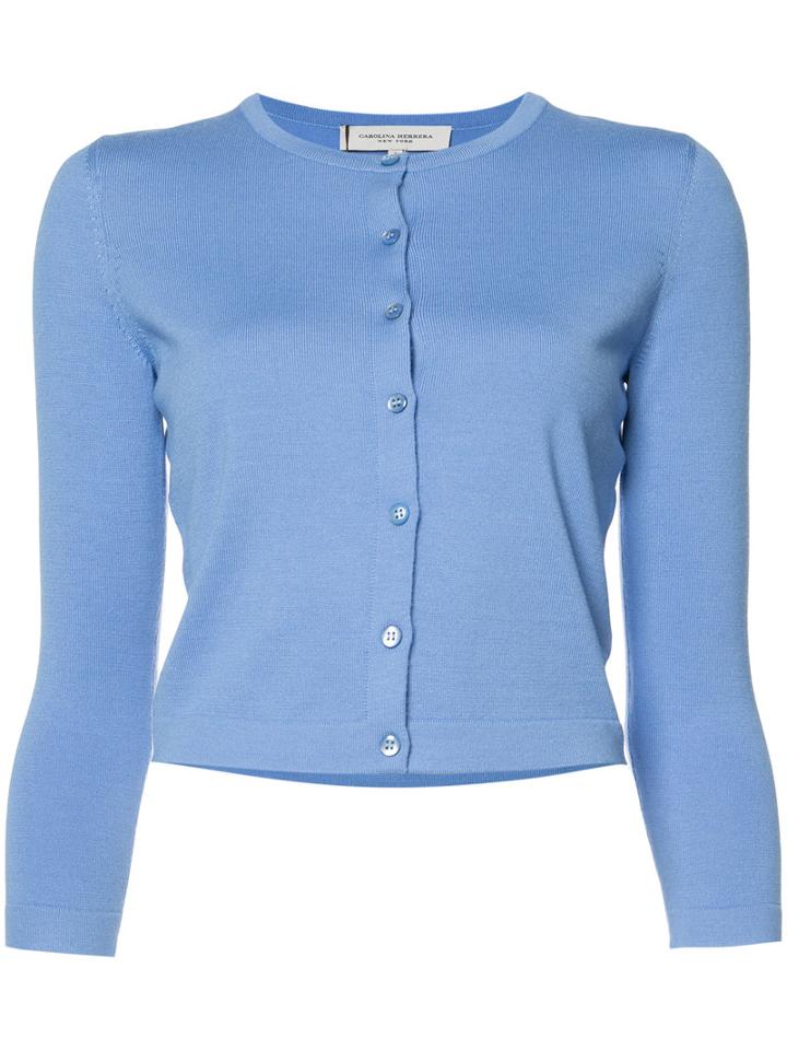 Carolina Herrera Three Quarter Sleeve Cardigan, Women's, Size: Medium, Blue, Silk/cotton