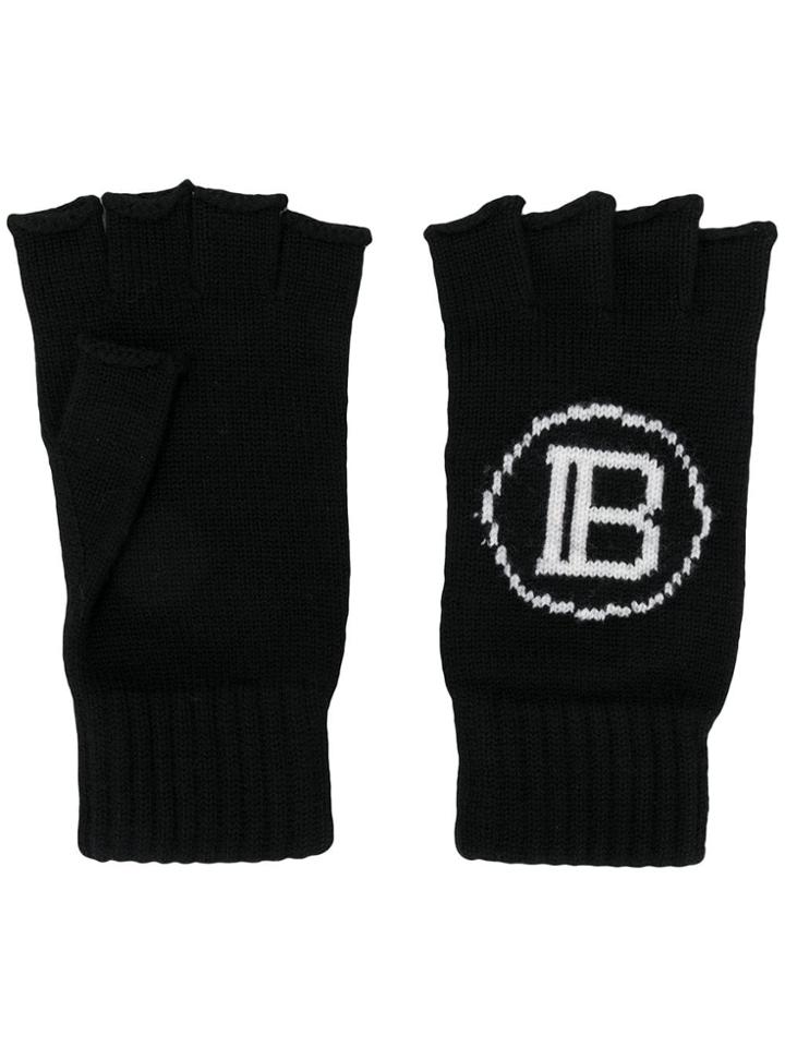 Balmain Intarsia Knit Logo Fingerless Gloves - Black