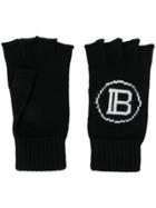 Balmain Intarsia Knit Logo Fingerless Gloves - Black