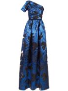 Marchesa Notte One Shoulder Metallic Fils Coupe Gown - Blue