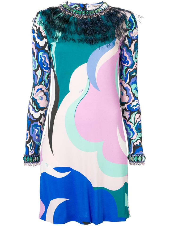Emilio Pucci Feather Embellished Mini Dress - Blue