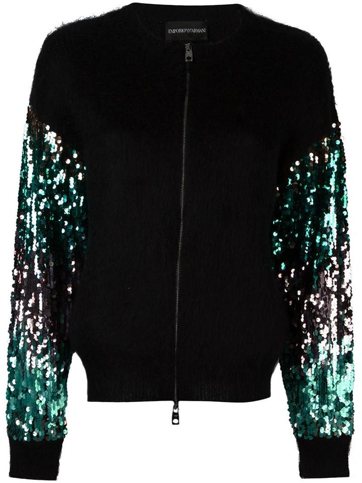 Emporio Armani Contrast Sleeve Zip Up Cardigan, Women's, Size: 38, Black, Polyamide/polyethylene/spandex/elastane/wool