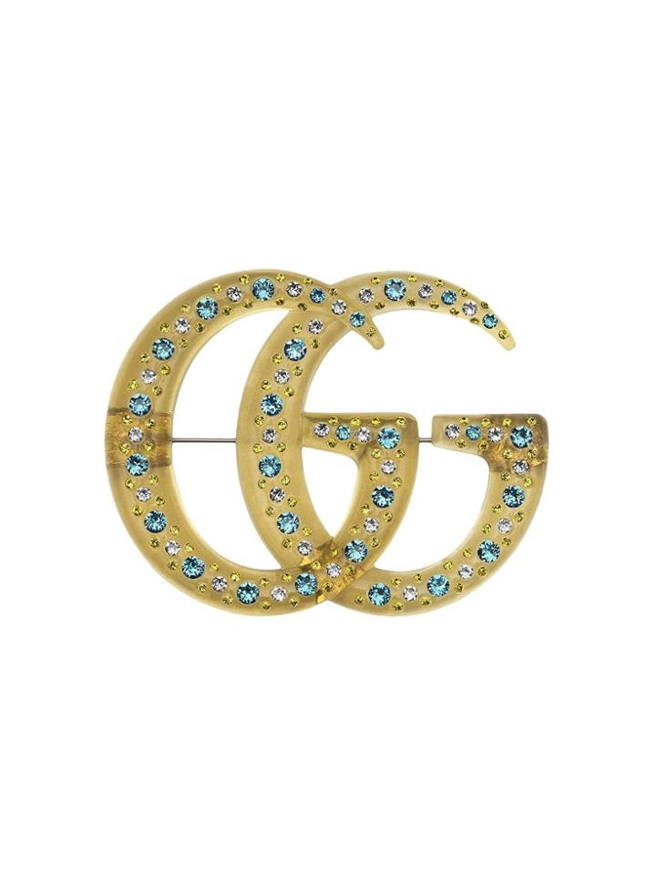 Gucci Resin Double G Brooch With Crystals - Yellow