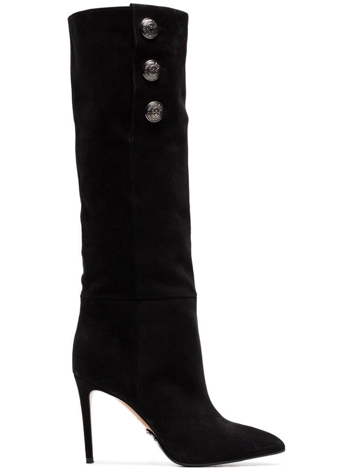 Balmain Black Jane 95 Buttoned Suede Knee High Boots
