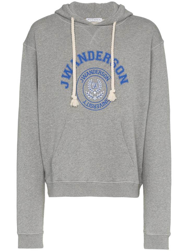 Jw Anderson University Logo Print Cotton Hoodie - Grey