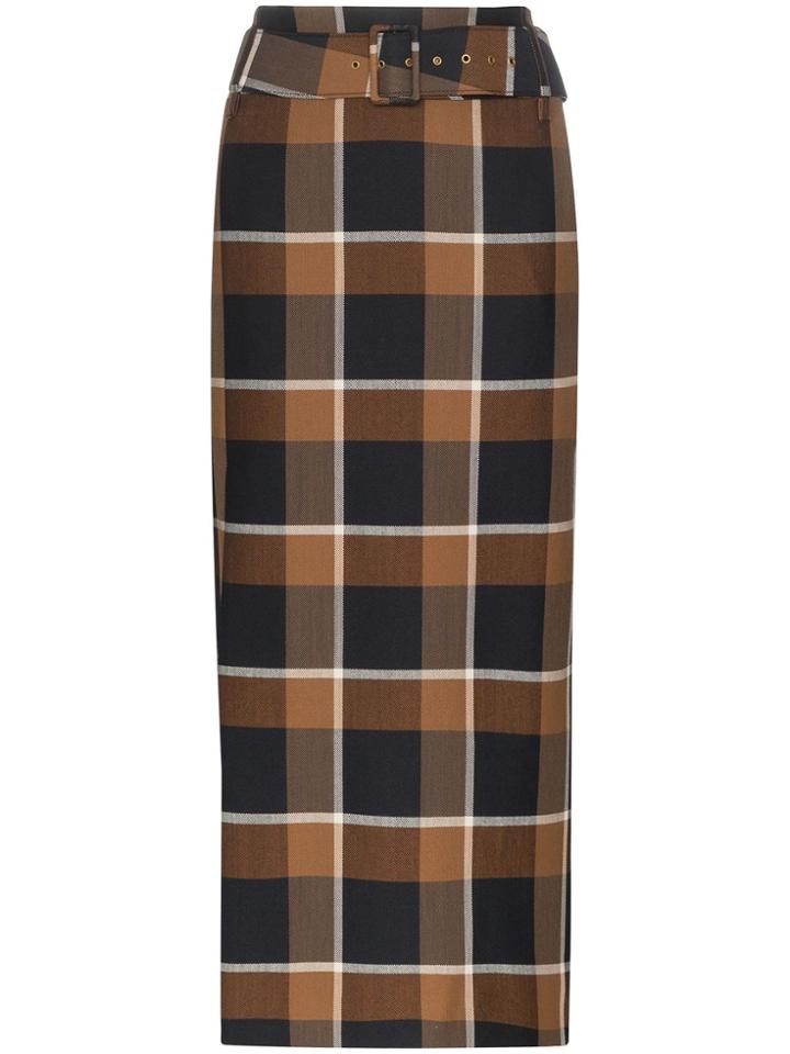 Staud Simone Plaid Print Skirt - Brown