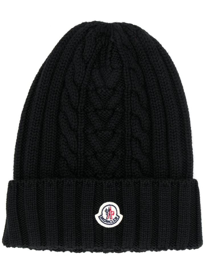 Moncler Cable Knit Beanie Hat - Black