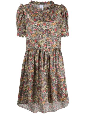 Horror Vacui Floral Flared Midi Dress - Green