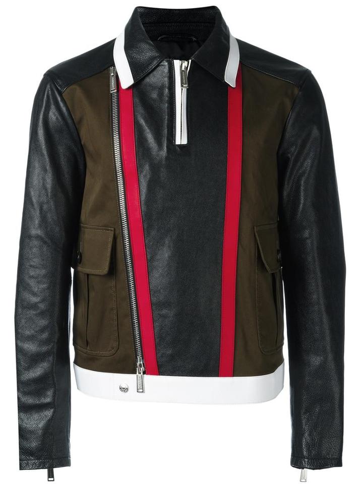 Dsquared2 Stripe Accent Biker Jacket, Men's, Size: 48, Black, Calf Leather/cotton/polyurethane/polyester