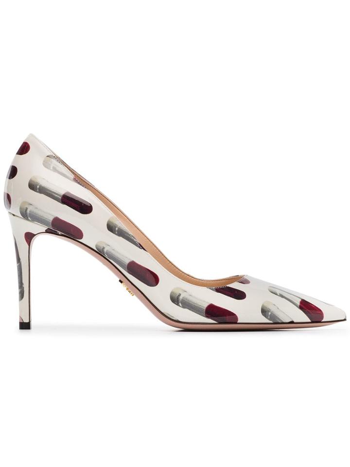 Prada Ivory And Red Print 85 Patent Leather Pumps - White