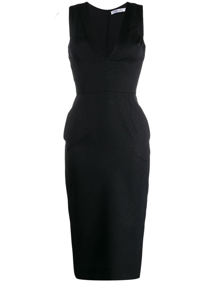 Christian Dior Pre-owned 1990's V-neck Fitted Waist Midi Dress - Black