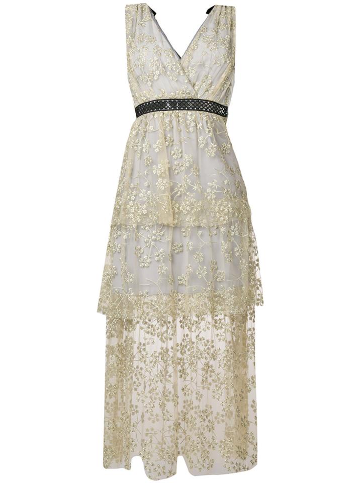 Self-portrait Tiered Floral-embroidered Dress - Grey