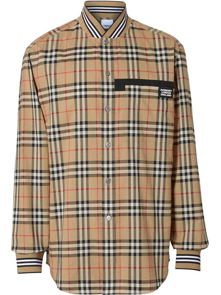 Burberry Rib Knit Detail Vintage Check Cotton Shirt - Brown