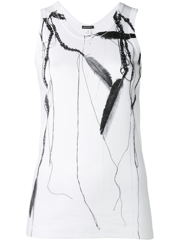 Ann Demeulemeester Feather And Bead Print Tank, Women's, Size: 40, White, Cotton