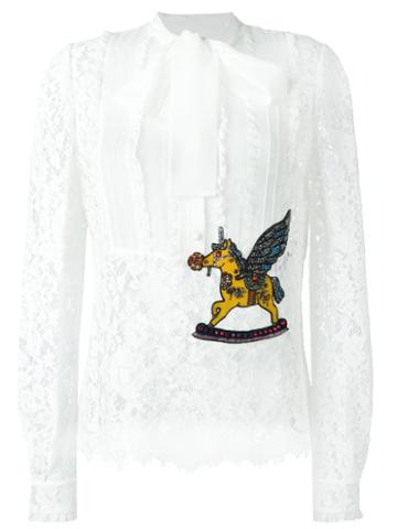 Dolce & Gabbana Horse Patch Lace Blouse, Women's, Size: 40, White, Silk/cotton/polyamide/wool