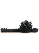 Miu Miu Pearl Embellished Shearling Sliders - Black