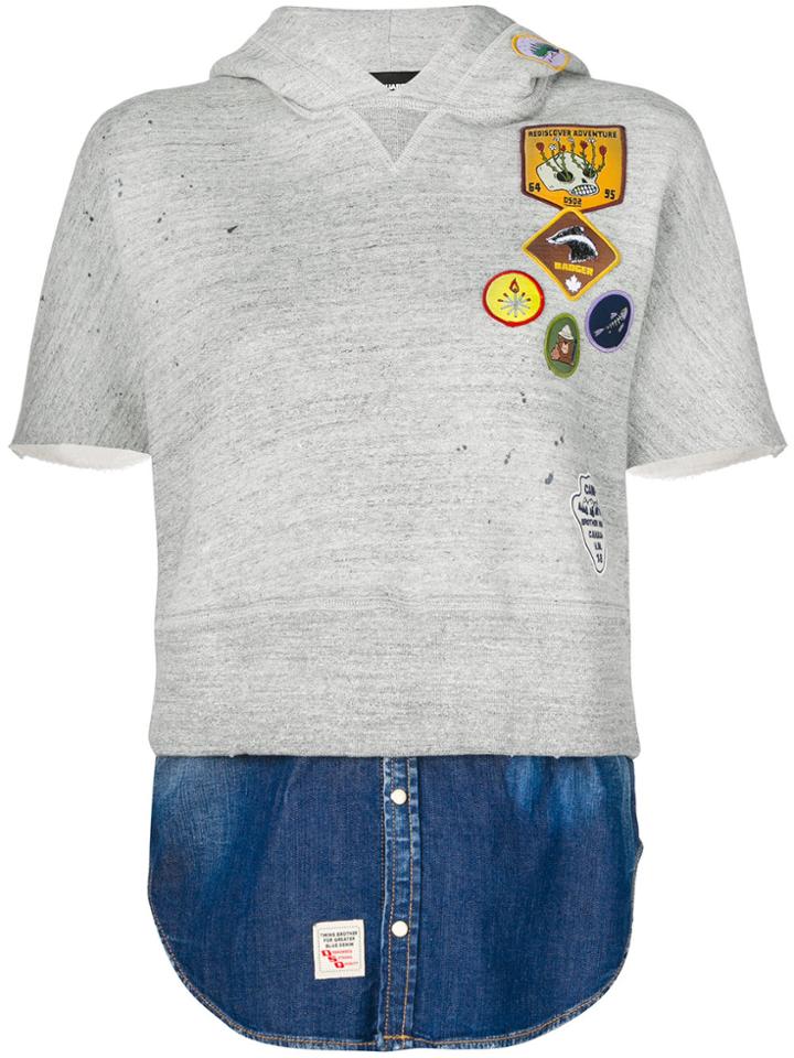 Dsquared2 Patch Short Sleeve Hoodie With Faux Denim Layer - Grey