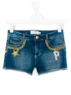 Philipp Plein Kids - Chain Embroidery Denim Shorts - Kids - Cotton/spandex/elastane - 14 Yrs, Blue