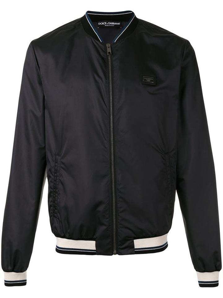 Dolce & Gabbana Striped Trim Bomber Jacket, Men's, Size: 50, Black, Polyester