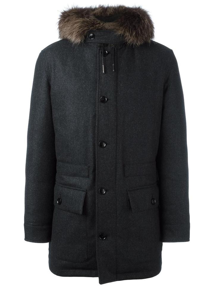 Ermenegildo Zegna Fur Collar Parka, Men's, Size: 52, Black, Wool/lamb Skin/coyote Fur/polyester