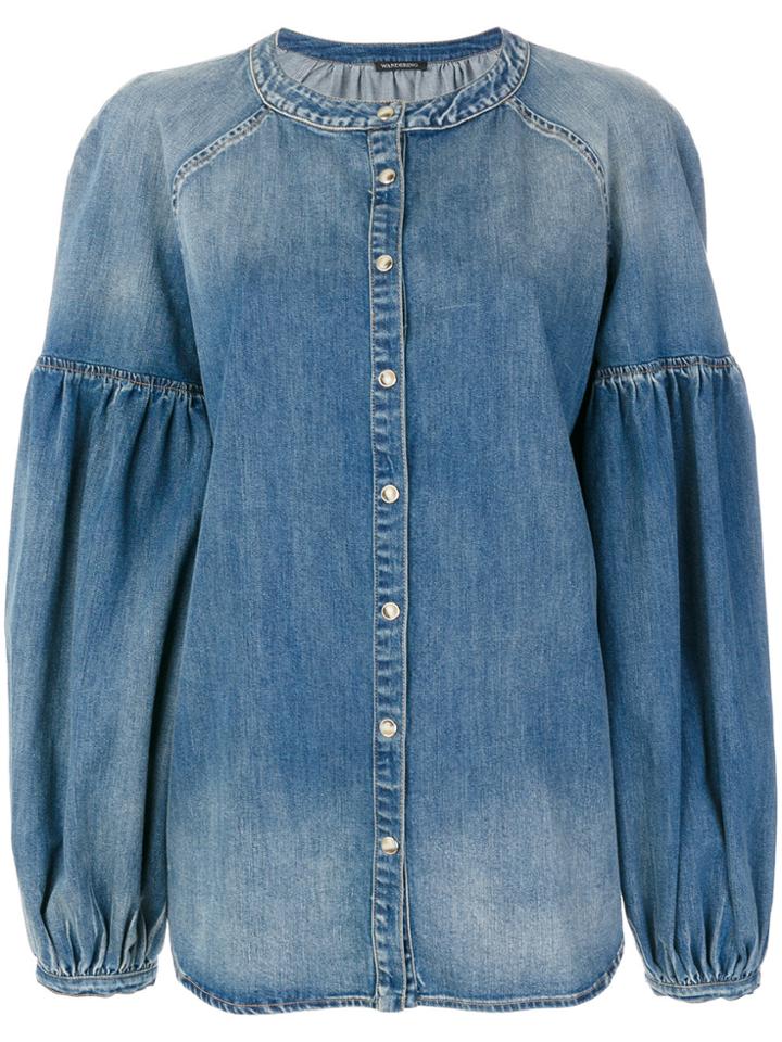 Wandering Faded Wide Sleeve Blouse - Blue