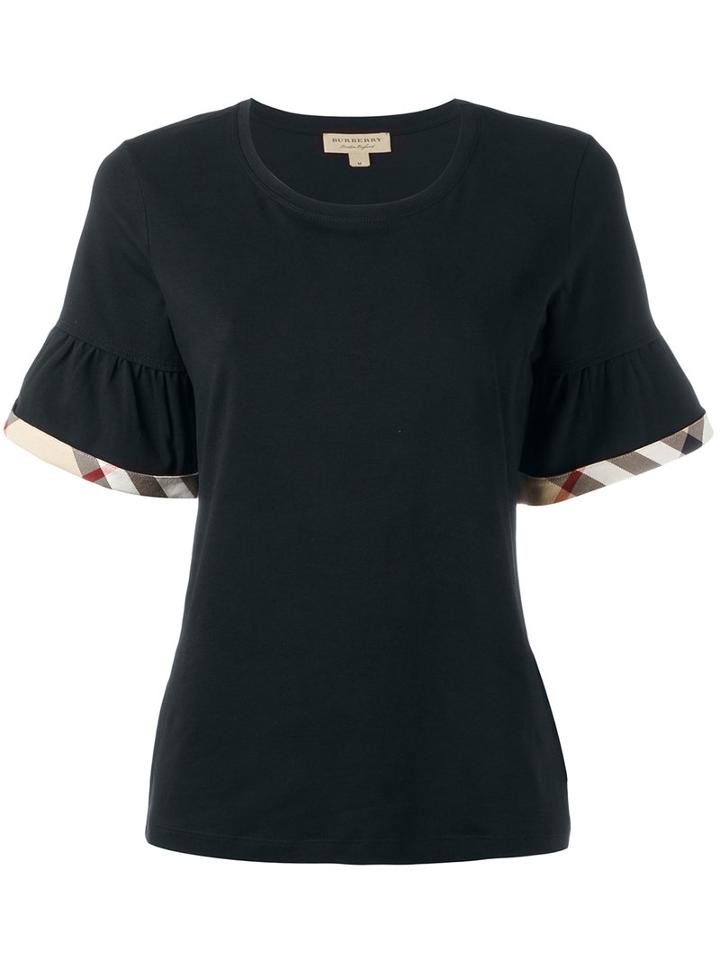 Burberry - T-shirt With Check Trim Ruffles - Women - Cotton/spandex/elastane - M, Black, Cotton/spandex/elastane