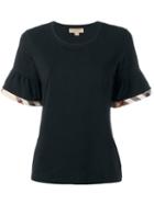 Burberry - T-shirt With Check Trim Ruffles - Women - Cotton/spandex/elastane - M, Black, Cotton/spandex/elastane