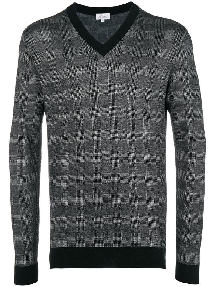 Brioni Checked V-neck Jumper - Grey