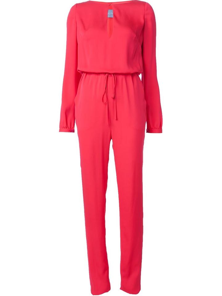 Monique Lhuillier Neck Slit Jumpsuit, Women's, Size: 4, Red, Silk
