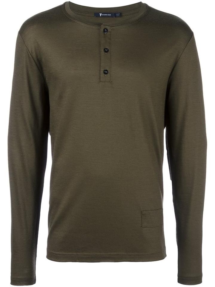 T By Alexander Wang Henley T-shirt, Men's, Size: Medium, Green, Cotton/wool