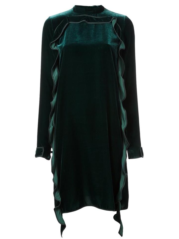Rochas Ruffle Velvet Dress, Women's, Size: 42, Green, Silk/viscose