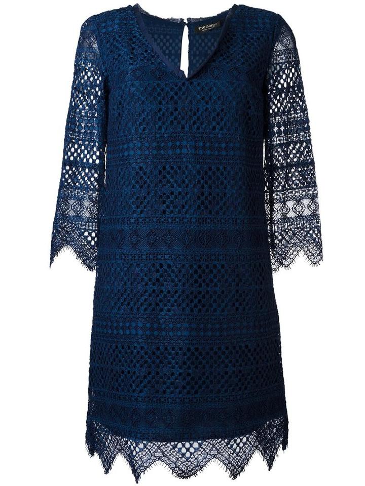 Twin-set Embroidered V-neck Dress, Women's, Size: 46, Blue, Cotton/viscose/polyamide/polyester