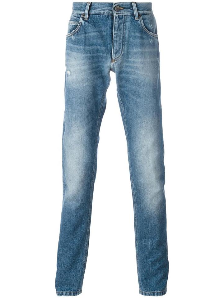 Dolce & Gabbana Straight Leg Jeans, Men's, Size: 48, Blue, Cotton/zamac/calf Leather