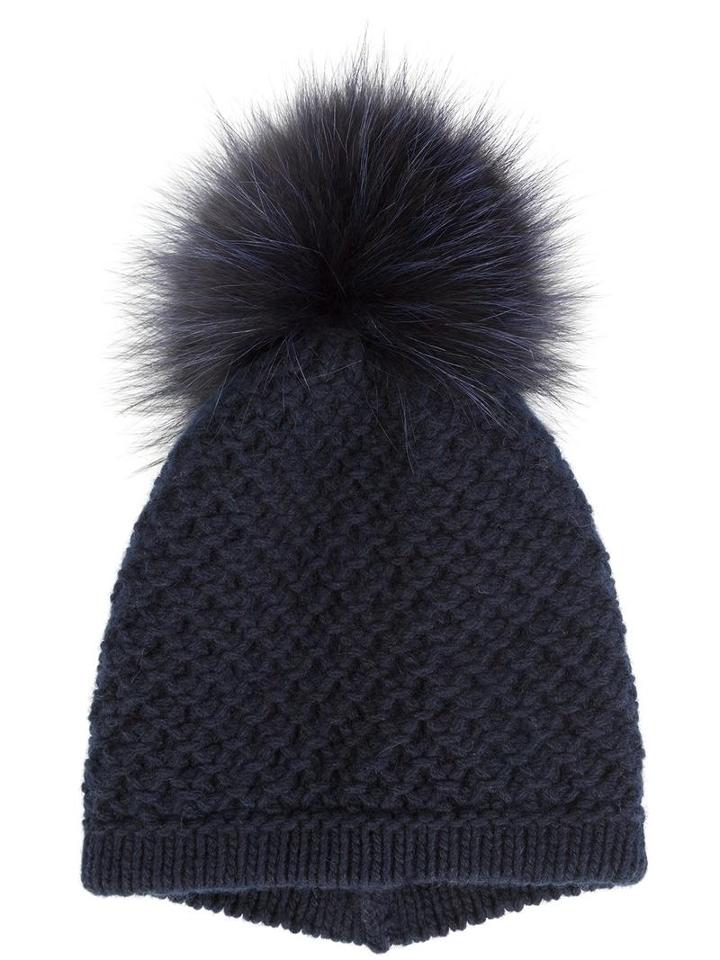 Inverni Pompom Beanie, Women's, Blue, Fox Fur/cashmere