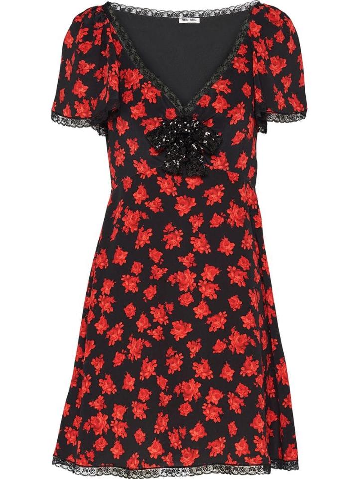 Miu Miu Rose-print Marocain Dress - Black