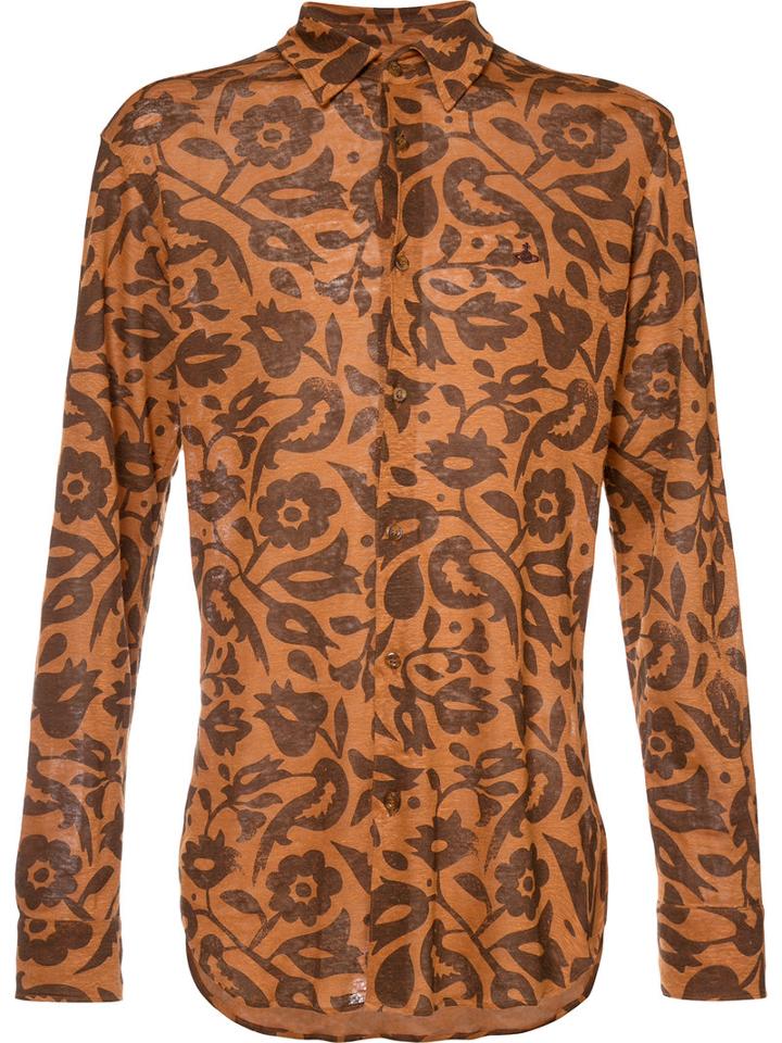 Vivienne Westwood Man - 'frida' Print Cutaway Shirt - Men - Linen/flax - 48, Brown, Linen/flax