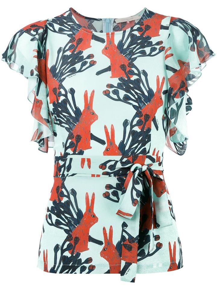 L'autre Chose Rabbits Print Belted Blouse, Size: 42, Silk